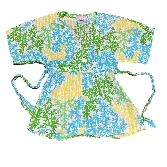 Lilly Pulitzer Tops - LILY Pulitzer Blue Green White Coral Print Blouse Dolman Sleeve Size XS